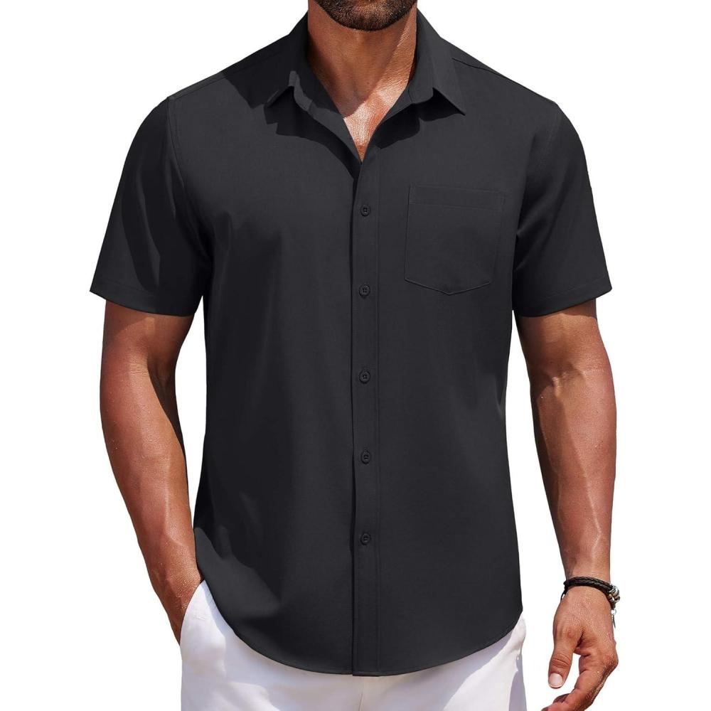 imageCOOFANDY Mens Short Sleeve Button Down Shirts Casual Summer Untucked Wrinkle Free Dress Shirts with PocketBlack