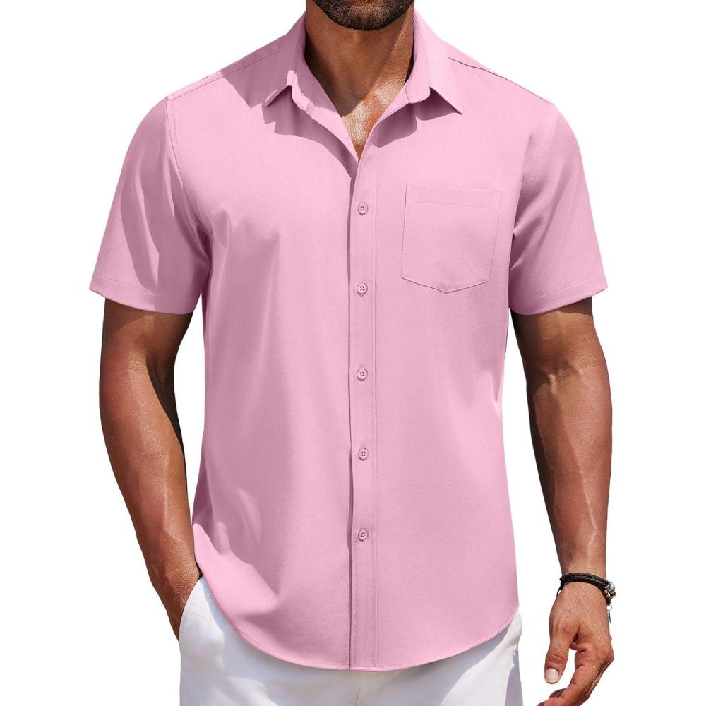 imageCOOFANDY Mens Short Sleeve Button Down Shirts Casual Summer Untucked Wrinkle Free Dress Shirts with PocketIcy Pink