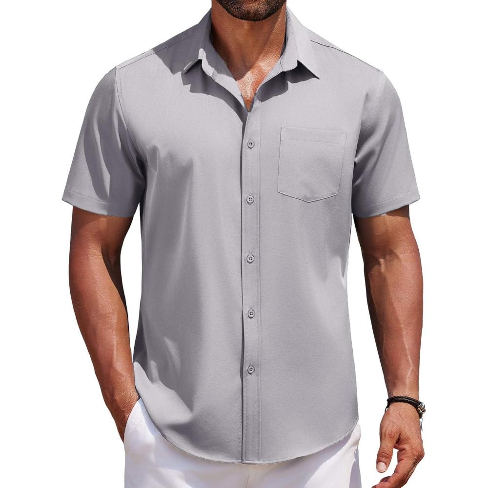 imageCOOFANDY Mens Short Sleeve Button Down Shirts Casual Summer Untucked Wrinkle Free Dress Shirts with PocketQuiet Gray