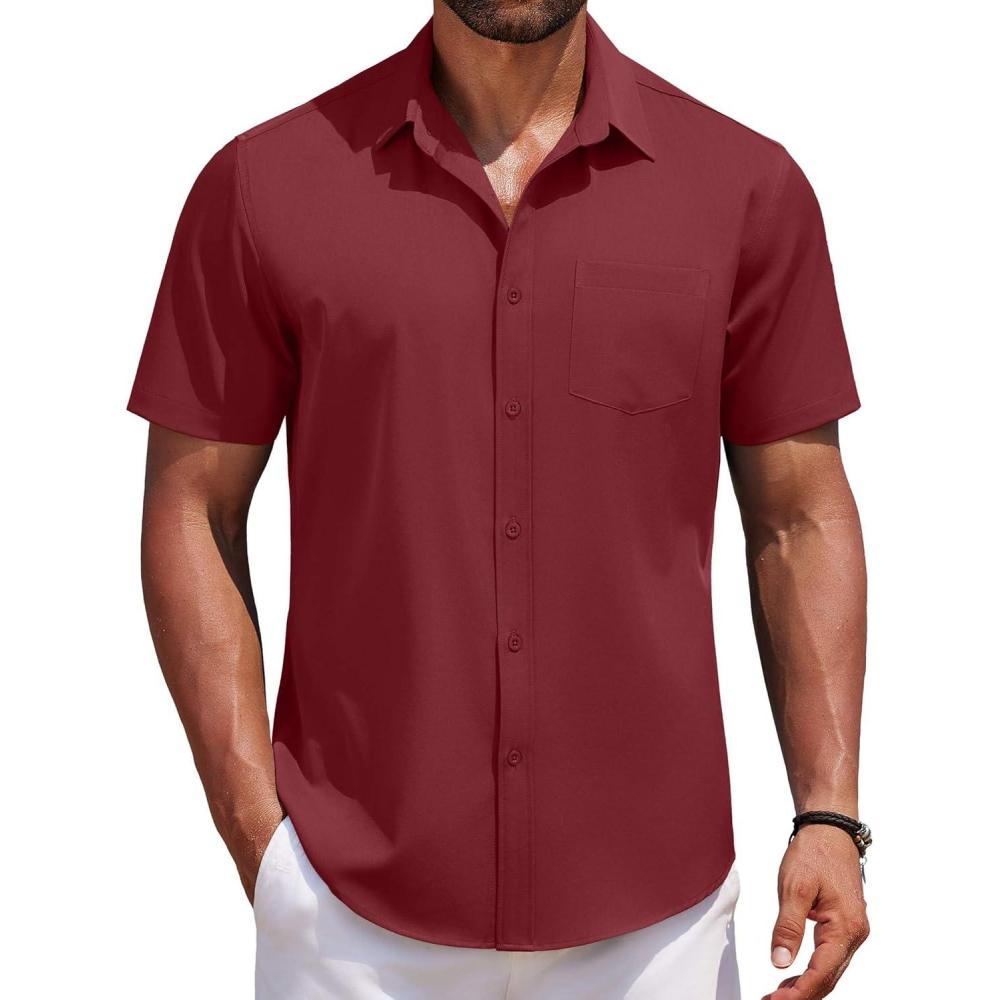 imageCOOFANDY Mens Short Sleeve Button Down Shirts Casual Summer Untucked Wrinkle Free Dress Shirts with PocketRed Dahlia