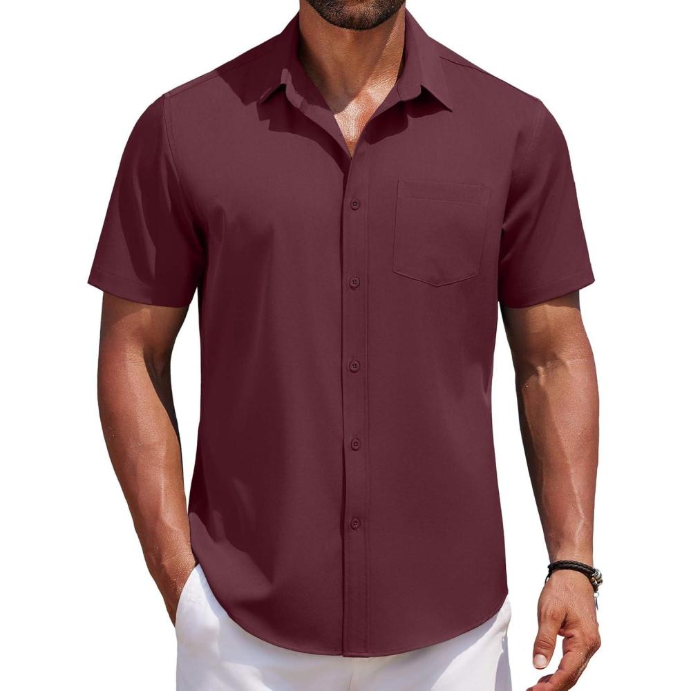 imageCOOFANDY Mens Short Sleeve Button Down Shirts Casual Summer Untucked Wrinkle Free Dress Shirts with PocketTawny Port