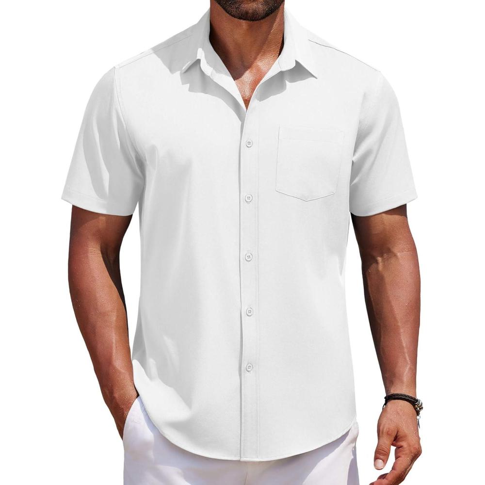 imageCOOFANDY Mens Short Sleeve Button Down Shirts Casual Summer Untucked Wrinkle Free Dress Shirts with PocketWhite