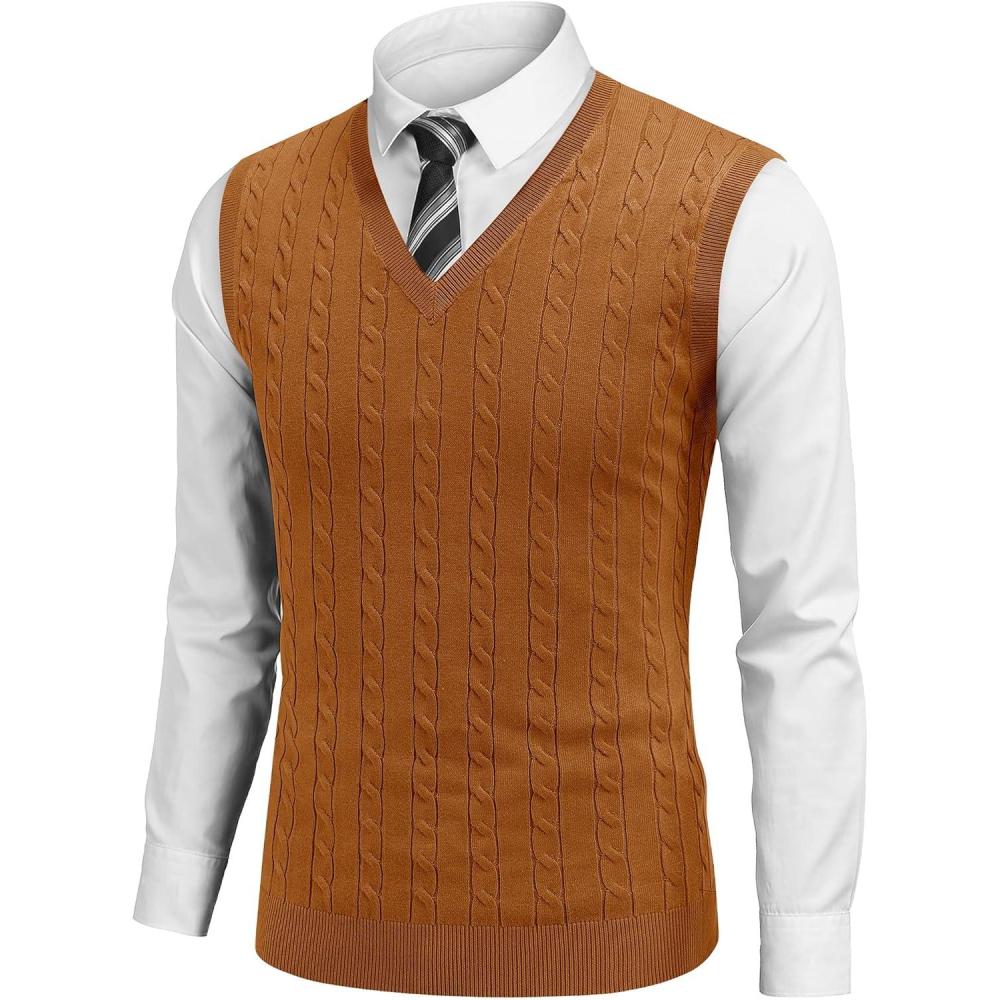 imageCOOFANDY Mens Sweater Vest Cable Knitted V Neck Slim Fit Sleeveless Pullover SweaterCaramel