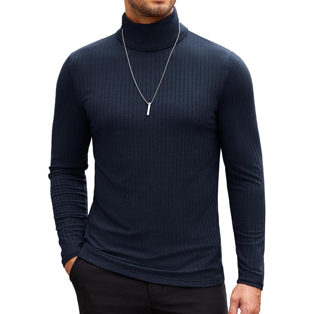 imageCOOFANDY Mens Turtleneck Sweater Slim Fit Lightweight Basic Ribbed SweatersDark Blue