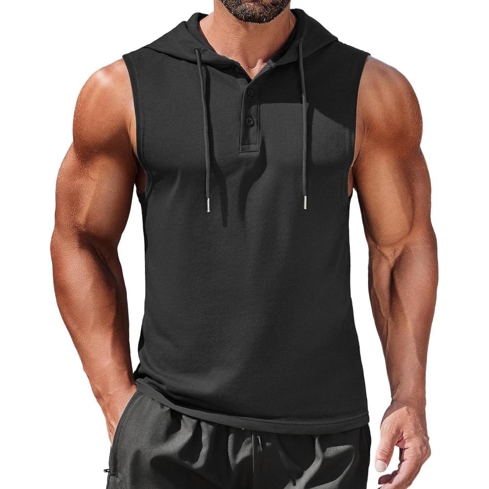 imageCOOFANDY Mens Workout Hooded Tank Tops Sleeveless Gym Hoodies Cotton Muscle Cut Off Shirt Bodybuilding Henley ShirtsBlack