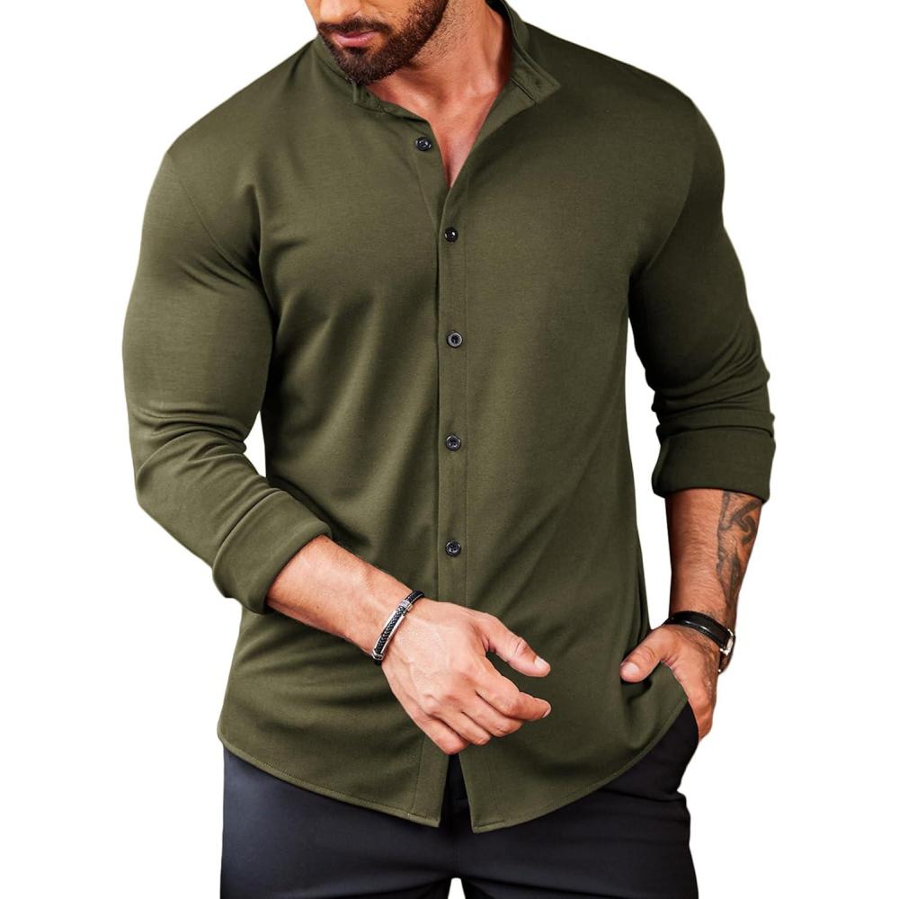 imageCOOFANDY Menss Long Sleeve Button Up Shirts Athletic Fitted Dress Shirts Silm FitArmy Green