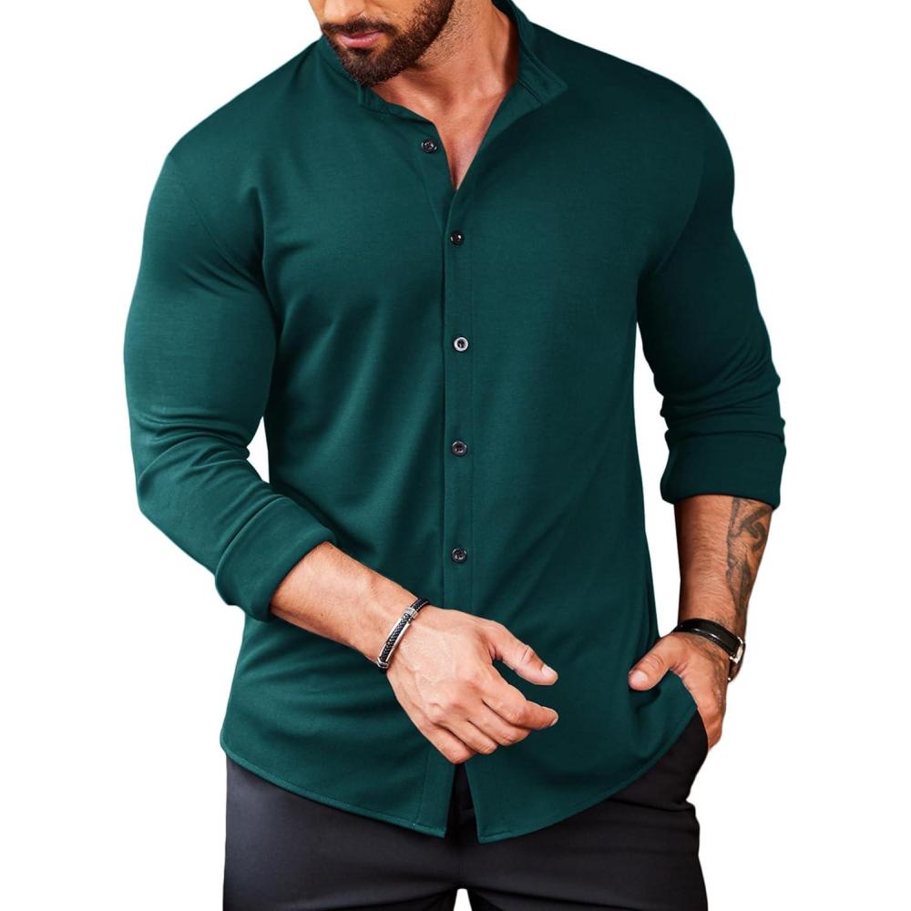 imageCOOFANDY Menss Long Sleeve Button Up Shirts Athletic Fitted Dress Shirts Silm FitLake Green