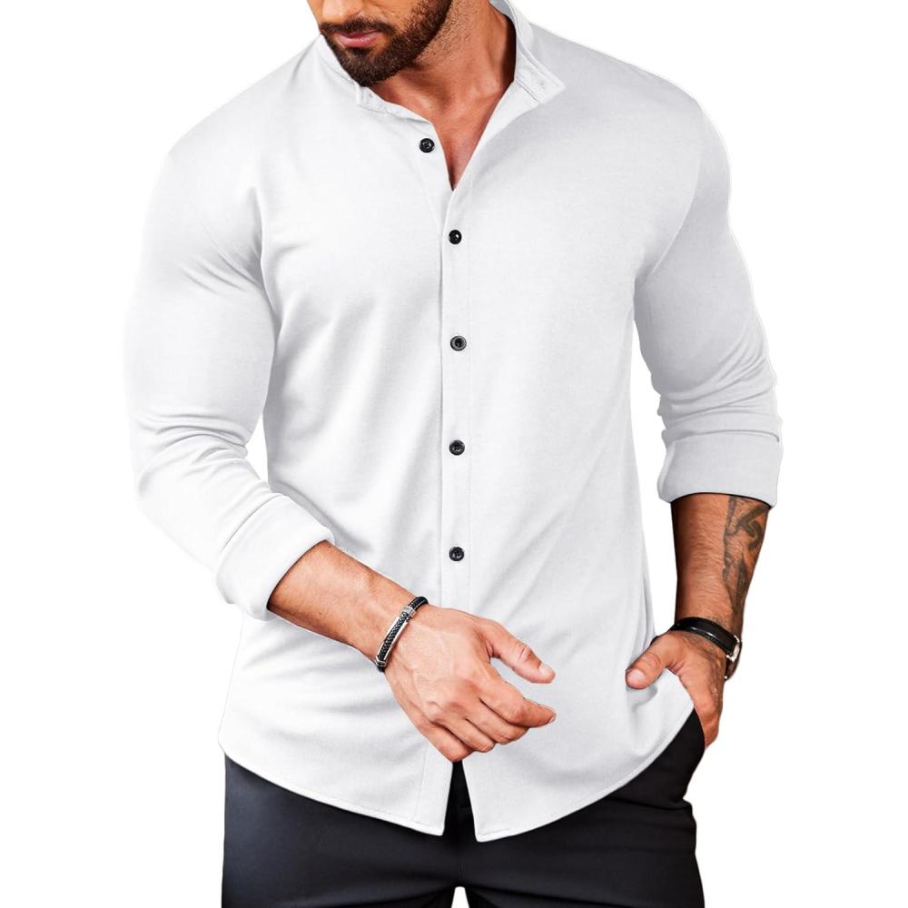 imageCOOFANDY Menss Long Sleeve Button Up Shirts Athletic Fitted Dress Shirts Silm FitWhite