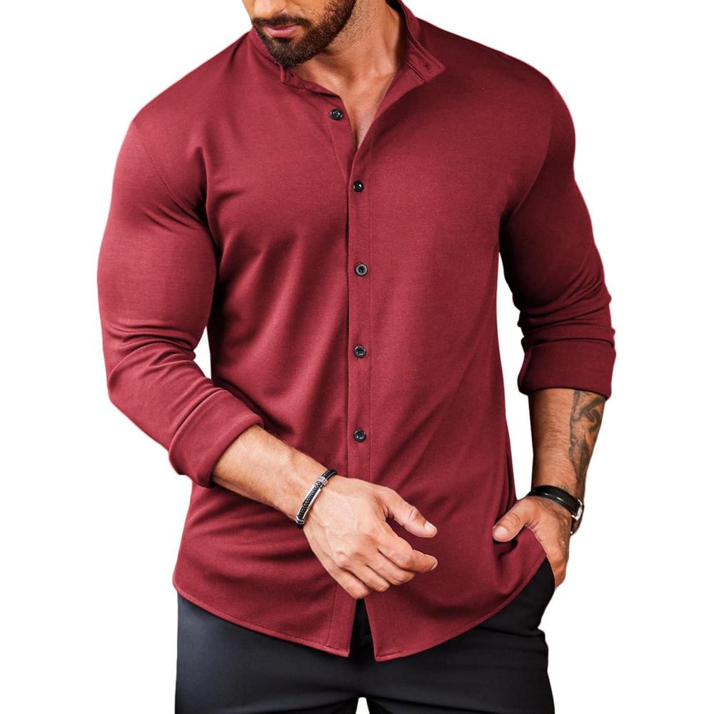 imageCOOFANDY Menss Long Sleeve Button Up Shirts Athletic Fitted Dress Shirts Silm FitWine Red