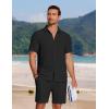 COOFANDY Men’s 2 Piece Textured Outfits Beach Button Down Short Sleeve Shirt and Short Sets(Black)