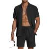 COOFANDY Men’s 2 Piece Textured Outfits Beach Button Down Short Sleeve Shirt and Short Sets(Black)