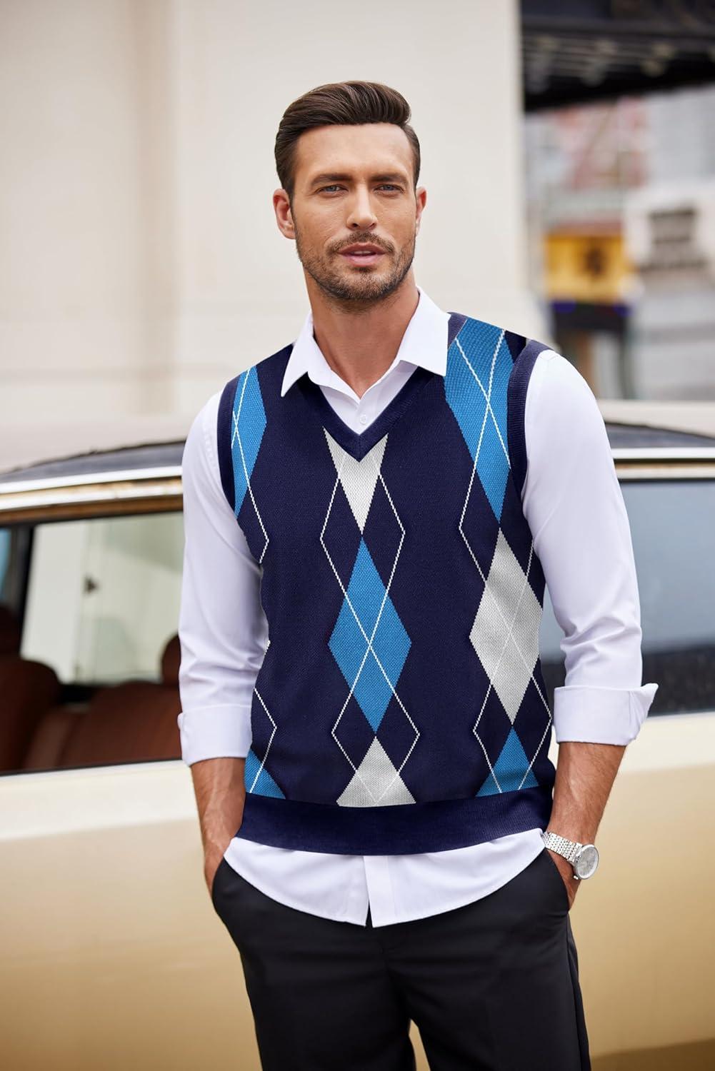 imageCOOFANDY Mens Sleeveless V Neck Pullover Sweater Slim Fit Casual Argyle Vest SweatersGw263 Blue and Gray Plaid