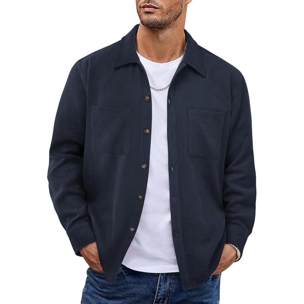 imageCOOFANDY Mens Flannel Shirts Casual Button Down Plaid Shirt Jacket Long Sleeve Fleece Shacket with PocketsSolid Navy Blue