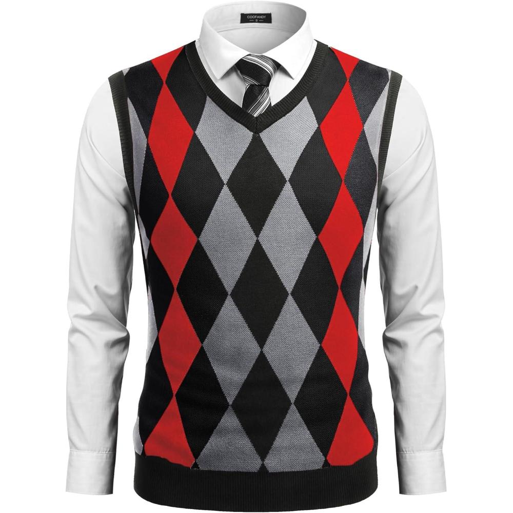 imageCOOFANDY Mens Sleeveless V Neck Pullover Sweater Slim Fit Casual Argyle Vest SweatersBlackred