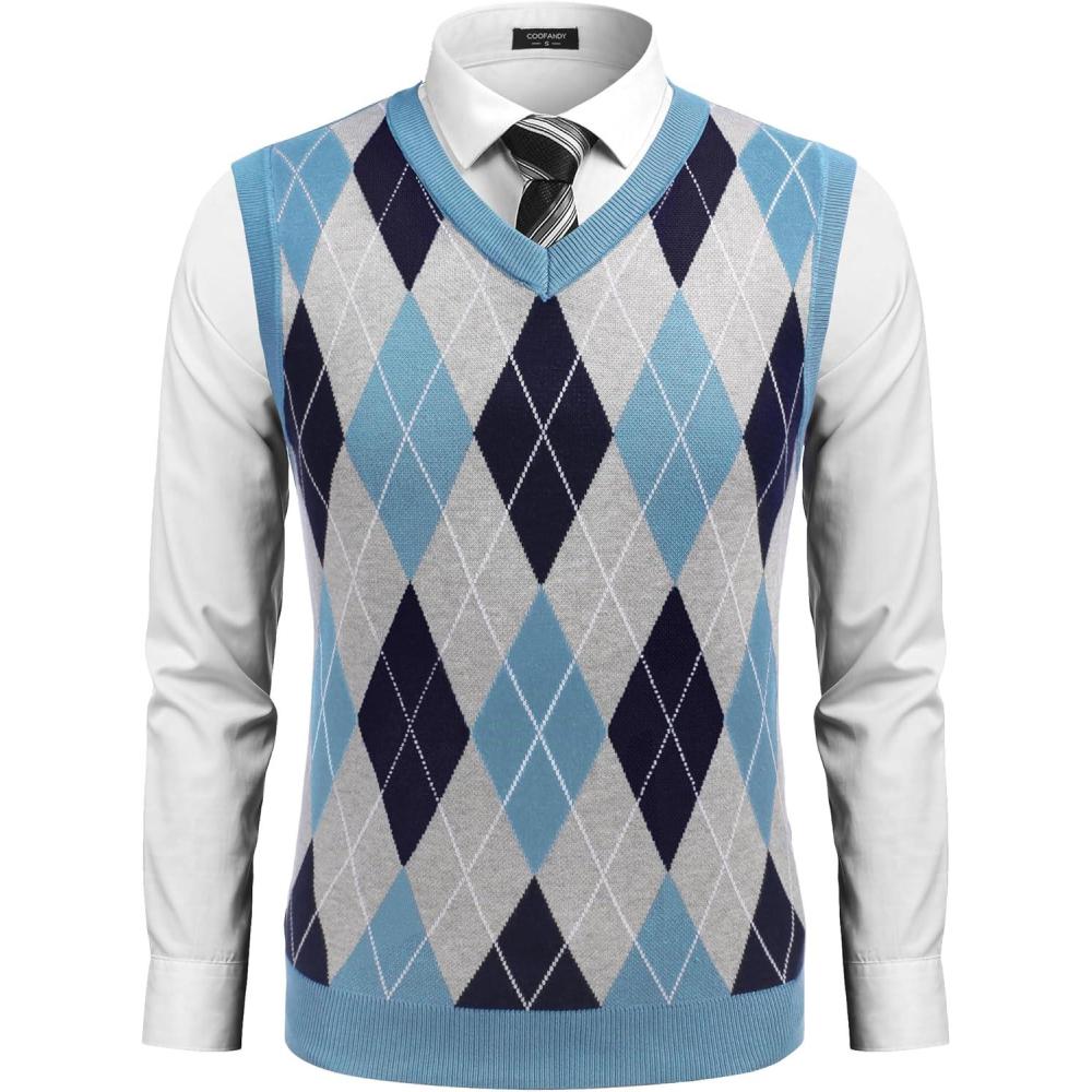 imageCOOFANDY Mens Sleeveless V Neck Pullover Sweater Slim Fit Casual Argyle Vest SweatersLight Blue
