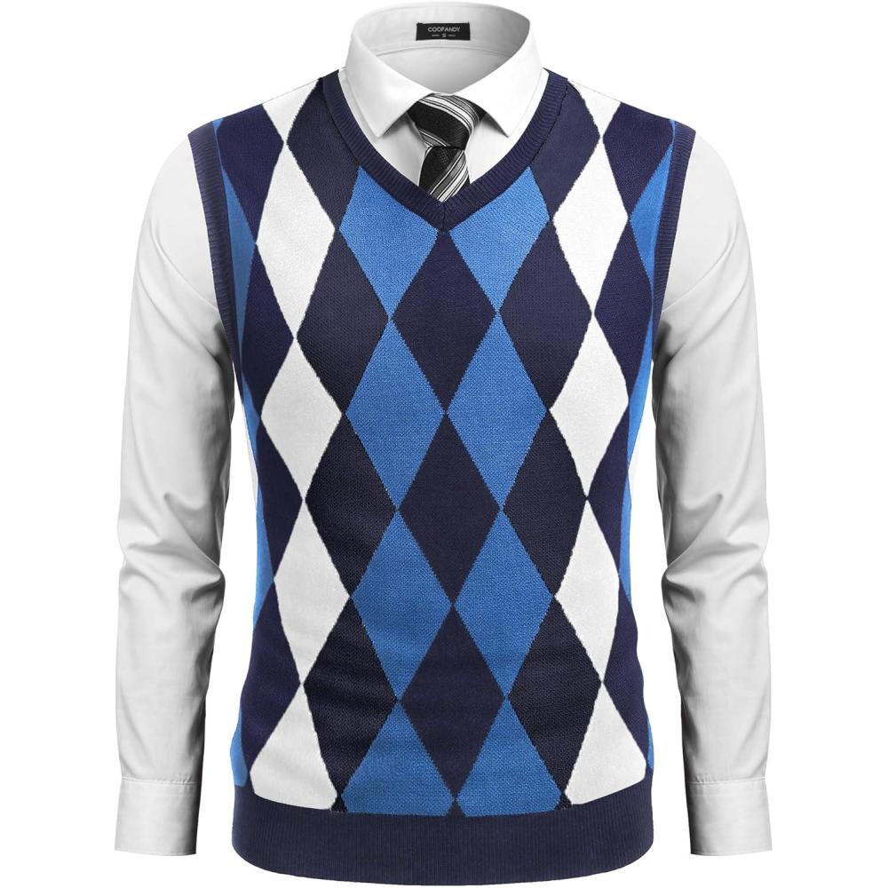 imageCOOFANDY Mens Sleeveless V Neck Pullover Sweater Slim Fit Casual Argyle Vest SweatersNavy Blue