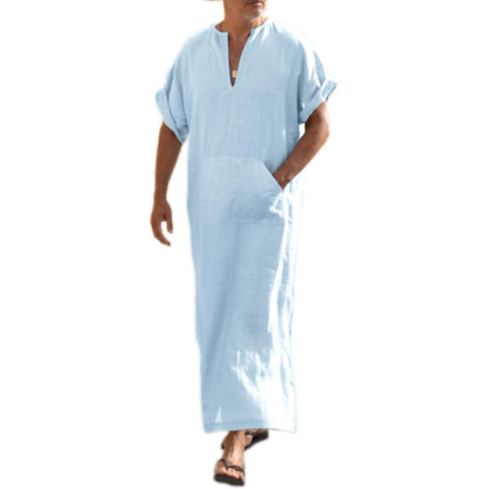 imageCOOFANDY Mens VNeck Linen Robe Short Sleeve Kaftan Thobe Long Gown Casual Shirt for Beach SummerLight Blue