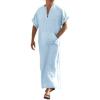 COOFANDY Men’s V-Neck Linen Robe Short Sleeve Kaftan Thobe Long Gown Casual Shirt for Beach, Summer(Light Blue)