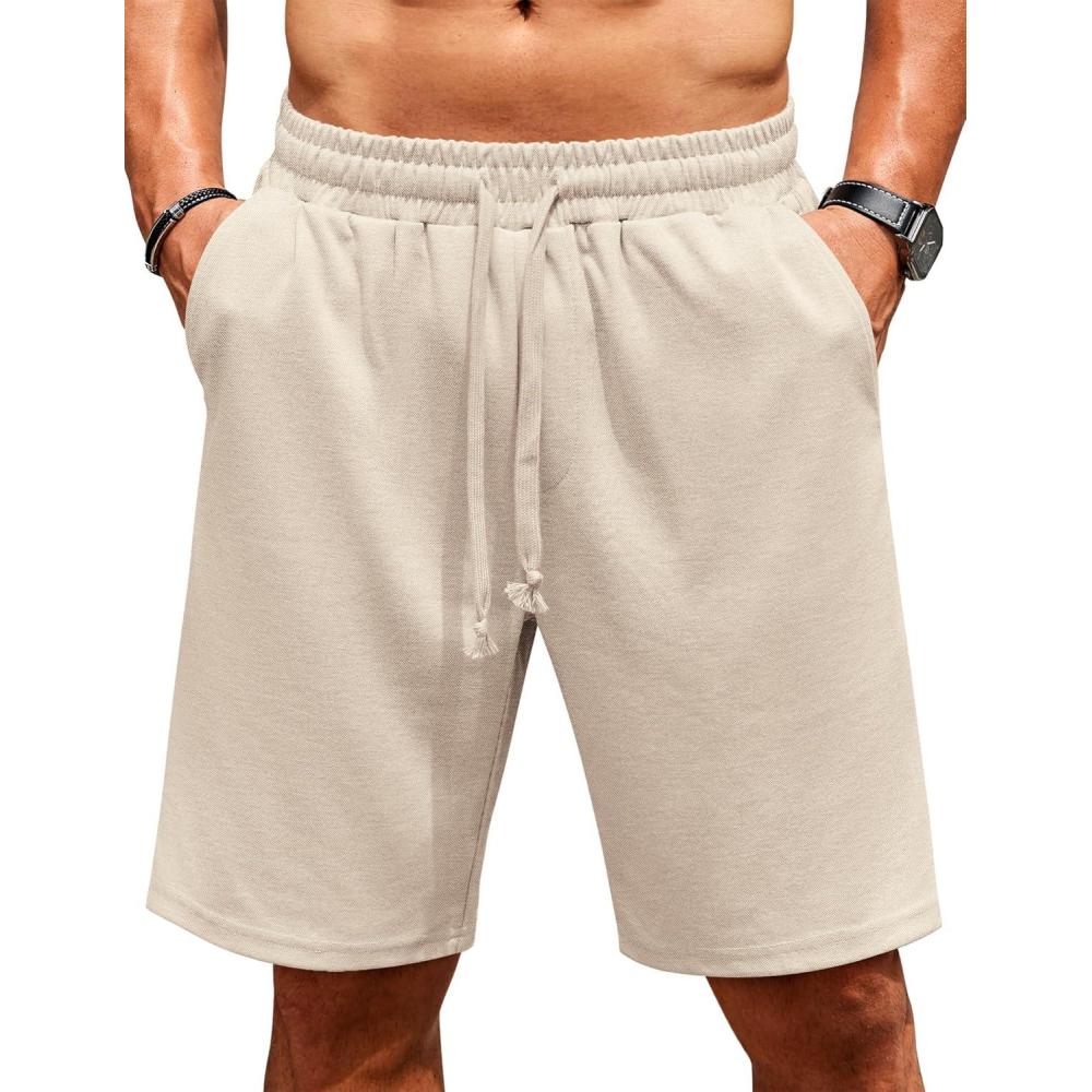 imageCOOFANDY Men Casual Shorts Elastic Waist Drawstring Shorts Stretch Summer Beach Shorts with PocketsLight Khaki