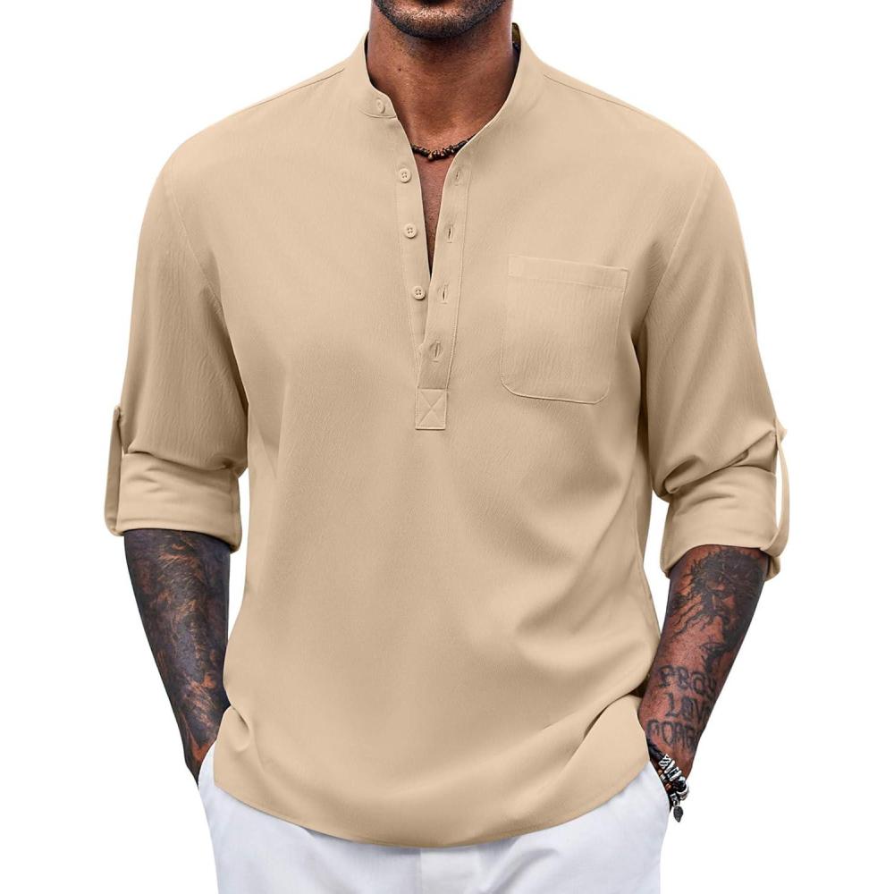 imageCOOFANDY Mens Henley Shirt Long Sleeve Lightweight Casual TShirt Summer Beach Hippie Tee ShirtKhaki