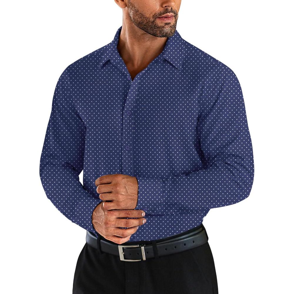 imageCOOFANDY Mens Business Dress Shirts Wrinkle Free Long Sleeve Regular Fit Dress Shirt Textured Casual Button Down ShirtsNavy Blue White Polka Dots