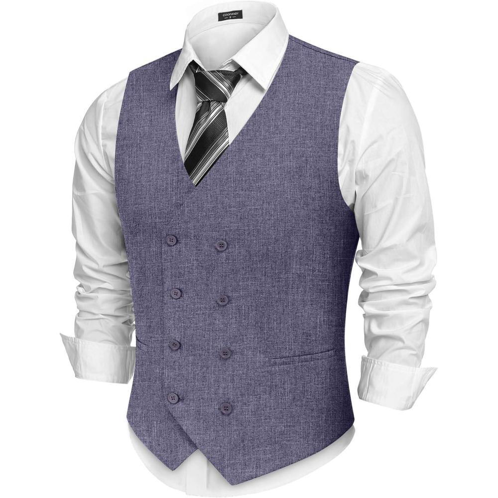 imageCOOFANDY Mens Double Breasted Suit Vest Lightweight Waistcoat Slim Fit Dress VestBlue Purple