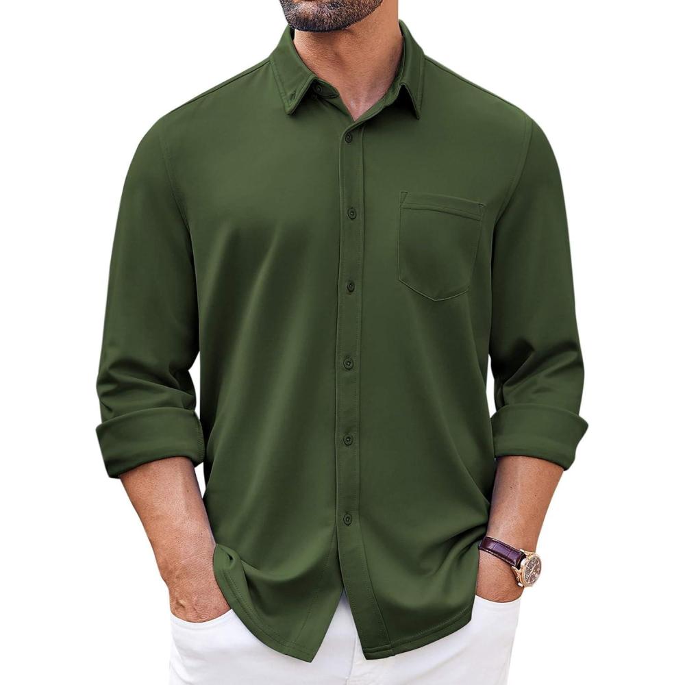 imageCOOFANDY Mens Long Sleeve Button Down Shirt Wrinkle Free Casual Shirt for Men Untucked Shirts with Pocket for WeddingArmy Green