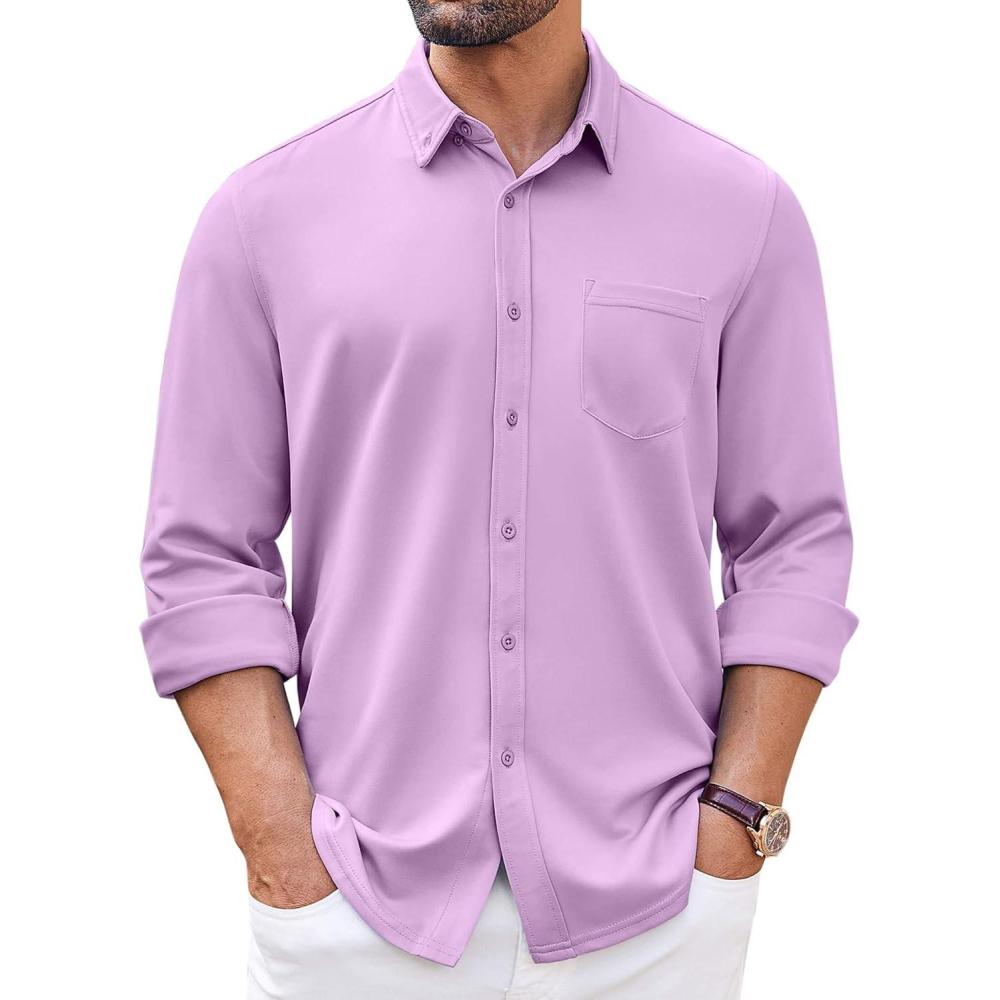 imageCOOFANDY Mens Long Sleeve Button Down Shirt Wrinkle Free Casual Shirt for Men Untucked Shirts with Pocket for WeddingLavender
