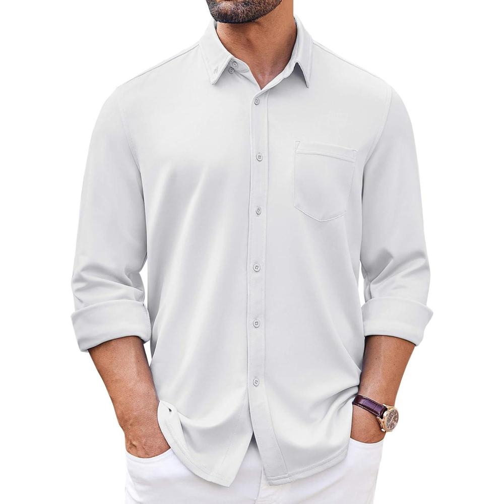 imageCOOFANDY Mens Long Sleeve Button Down Shirt Wrinkle Free Casual Shirt for Men Untucked Shirts with Pocket for WeddingWhite