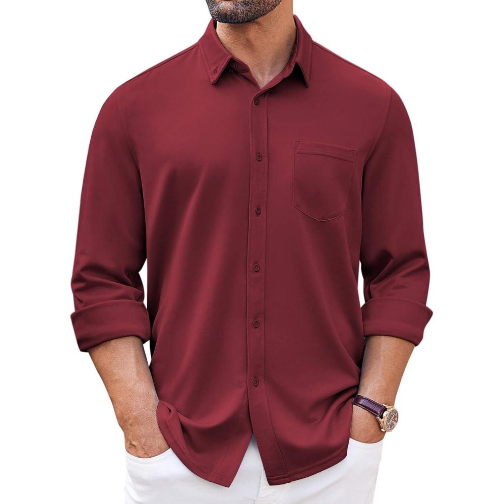 imageCOOFANDY Mens Long Sleeve Button Down Shirt Wrinkle Free Casual Shirt for Men Untucked Shirts with Pocket for WeddingWine Red