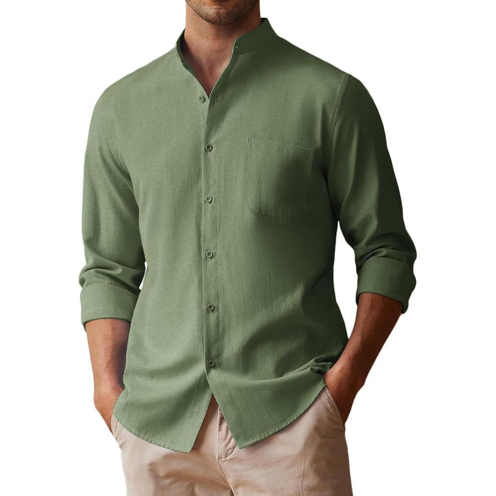 imageCOOFANDY Mens Oxford Shirts Long Sleeve Casual Button Down Shirts Band Collar Dress Shirt with PocketArmy Green