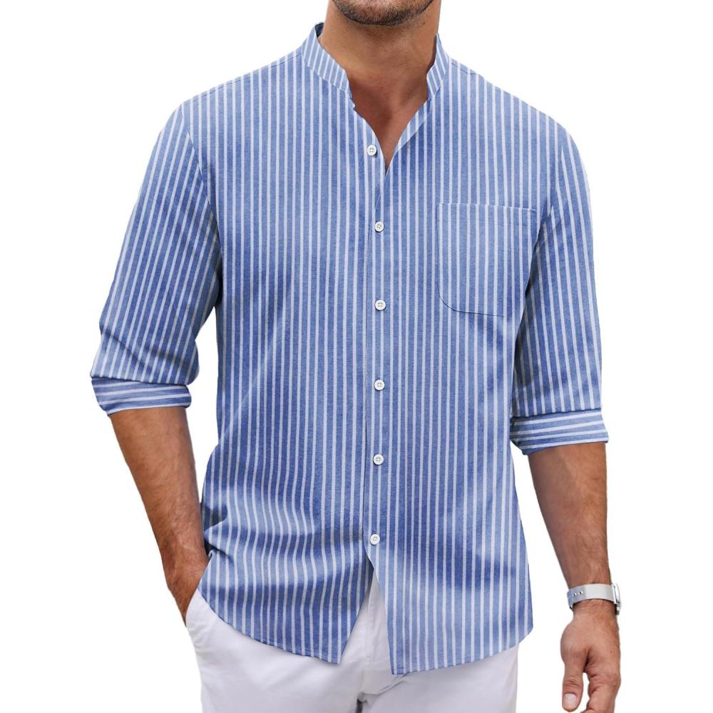 imageCOOFANDY Mens Oxford Shirts Long Sleeve Casual Button Down Shirts Band Collar Dress Shirt with PocketStripebluewhite