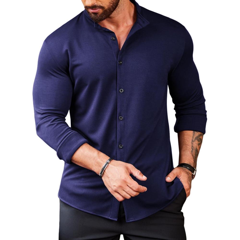 imageCOOFANDY Menss Long Sleeve Button Up Shirts Athletic Fitted Dress Shirts Silm FitNavy Blue