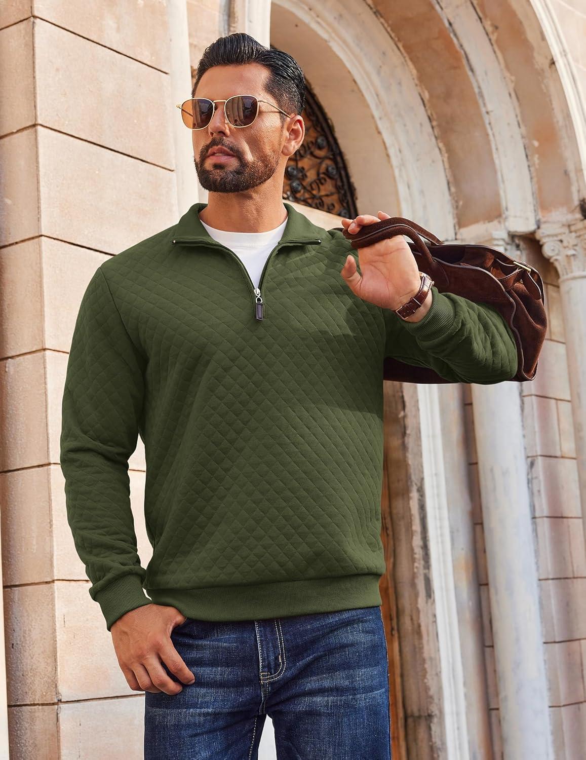 imageCOOFANDY Men Quarter Zip Pullover Long Sleeve Quilted Sweatshirt Waffle Casual Collared Sweatshirts Mock Neck Winter PoloArmy Green