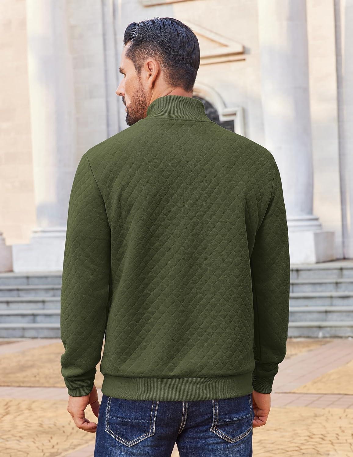 imageCOOFANDY Men Quarter Zip Pullover Long Sleeve Quilted Sweatshirt Waffle Casual Collared Sweatshirts Mock Neck Winter PoloArmy Green
