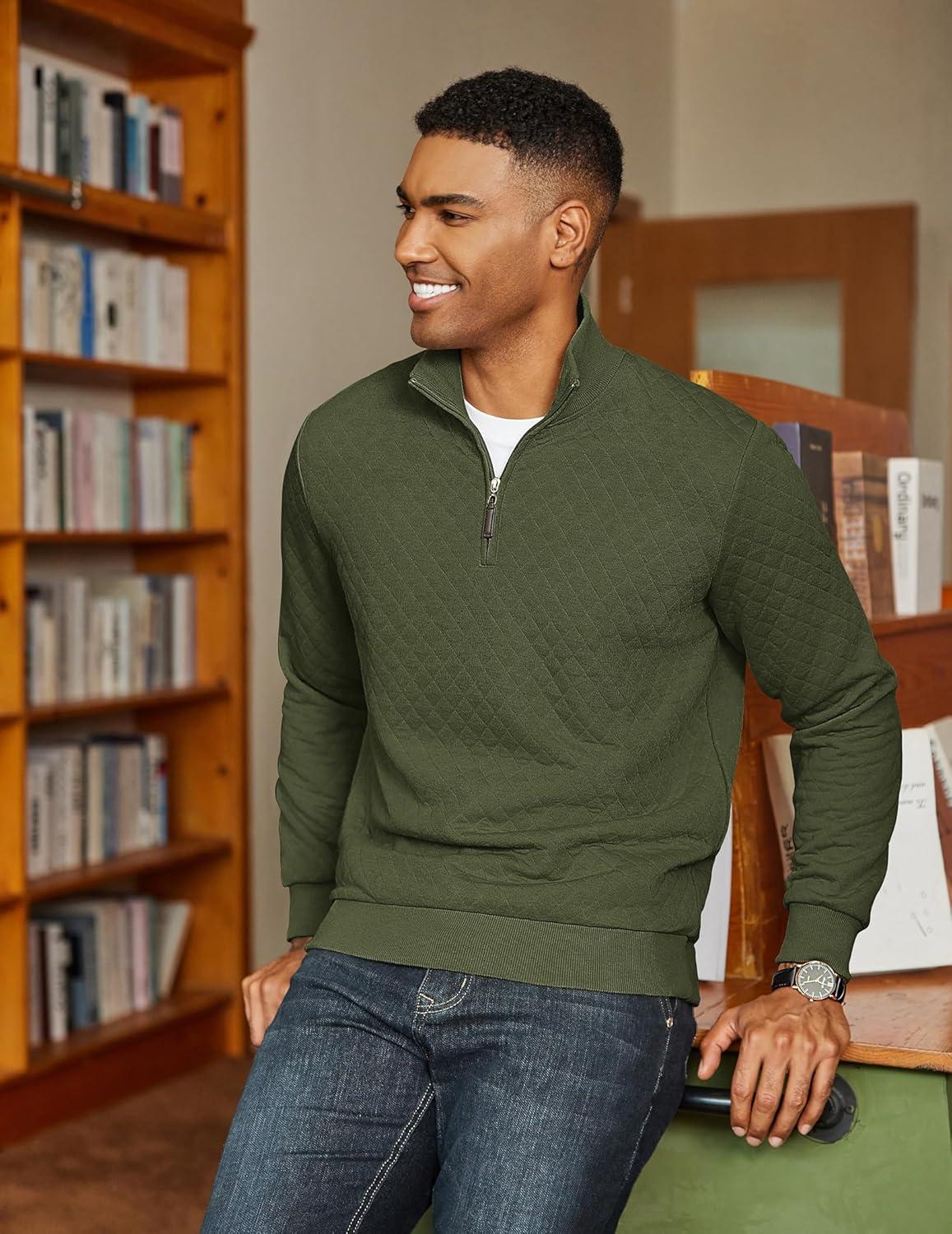 imageCOOFANDY Men Quarter Zip Pullover Long Sleeve Quilted Sweatshirt Waffle Casual Collared Sweatshirts Mock Neck Winter PoloArmy Green