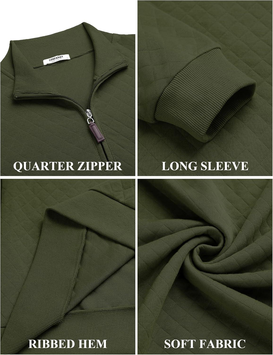 imageCOOFANDY Men Quarter Zip Pullover Long Sleeve Quilted Sweatshirt Waffle Casual Collared Sweatshirts Mock Neck Winter PoloArmy Green
