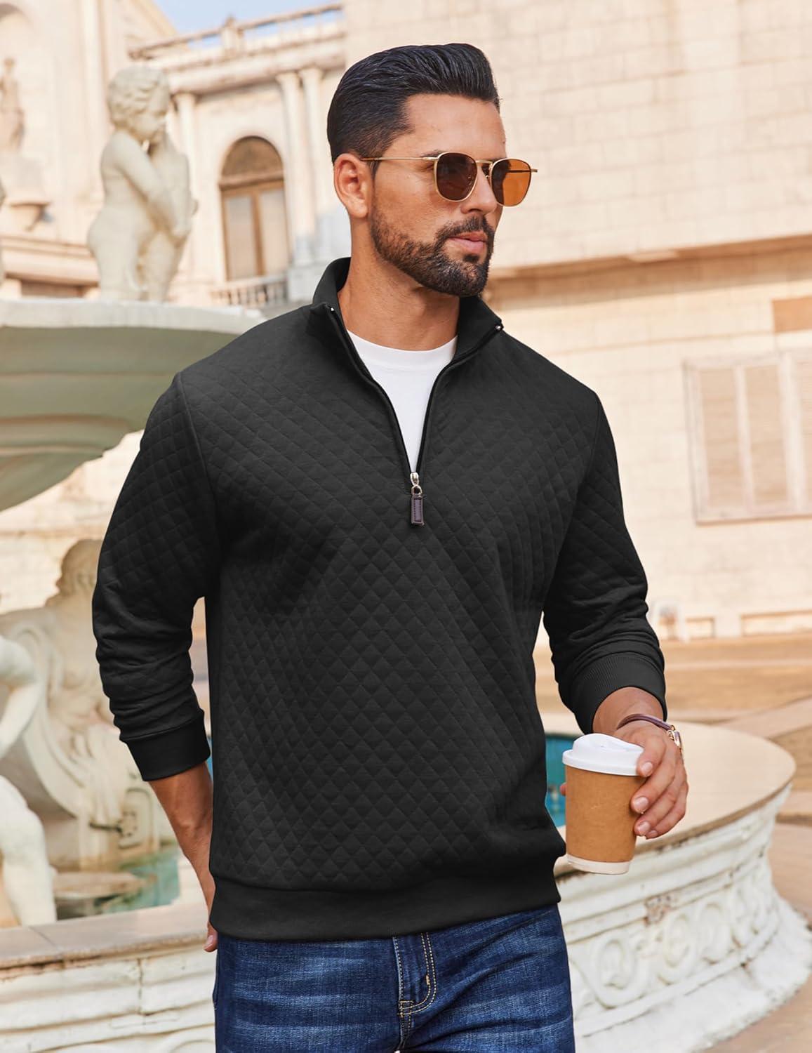 imageCOOFANDY Men Quarter Zip Pullover Long Sleeve Quilted Sweatshirt Waffle Casual Collared Sweatshirts Mock Neck Winter PoloBlack
