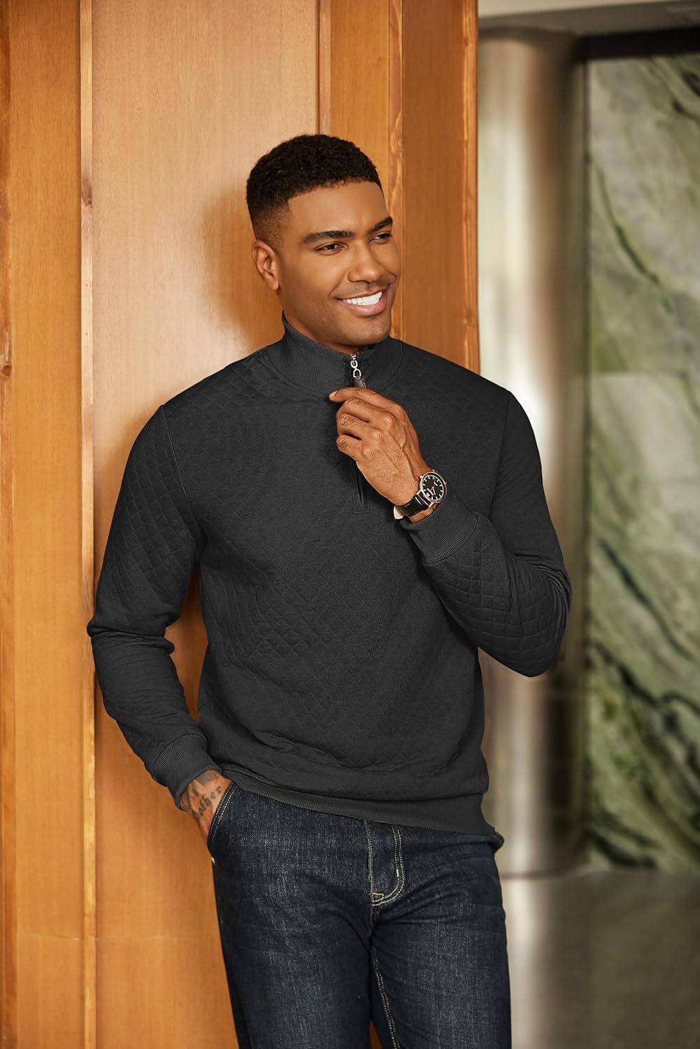 imageCOOFANDY Men Quarter Zip Pullover Long Sleeve Quilted Sweatshirt Waffle Casual Collared Sweatshirts Mock Neck Winter PoloBlack