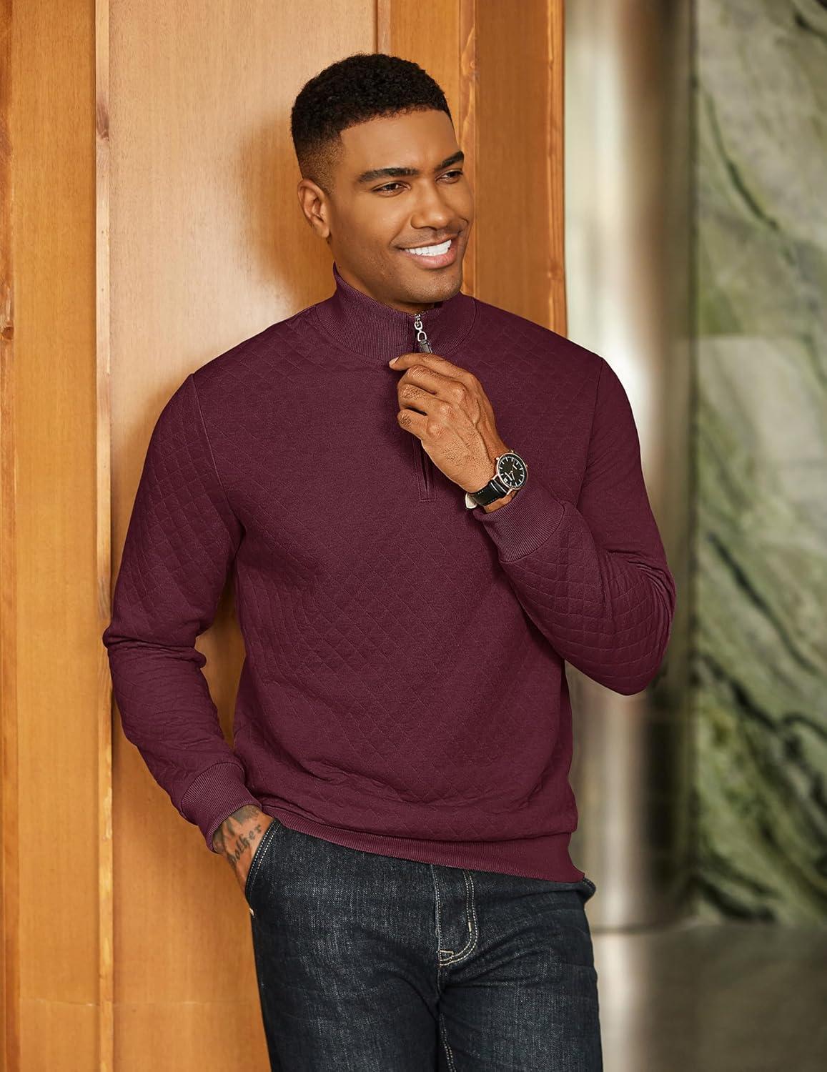 imageCOOFANDY Men Quarter Zip Pullover Long Sleeve Quilted Sweatshirt Waffle Casual Collared Sweatshirts Mock Neck Winter PoloDark Red