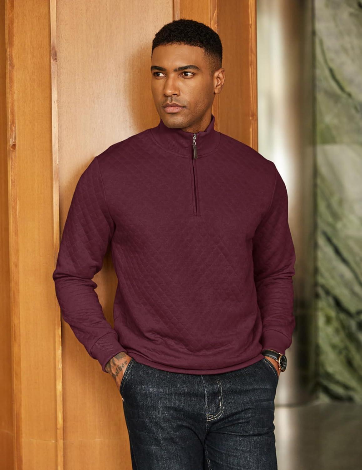 imageCOOFANDY Men Quarter Zip Pullover Long Sleeve Quilted Sweatshirt Waffle Casual Collared Sweatshirts Mock Neck Winter PoloDark Red
