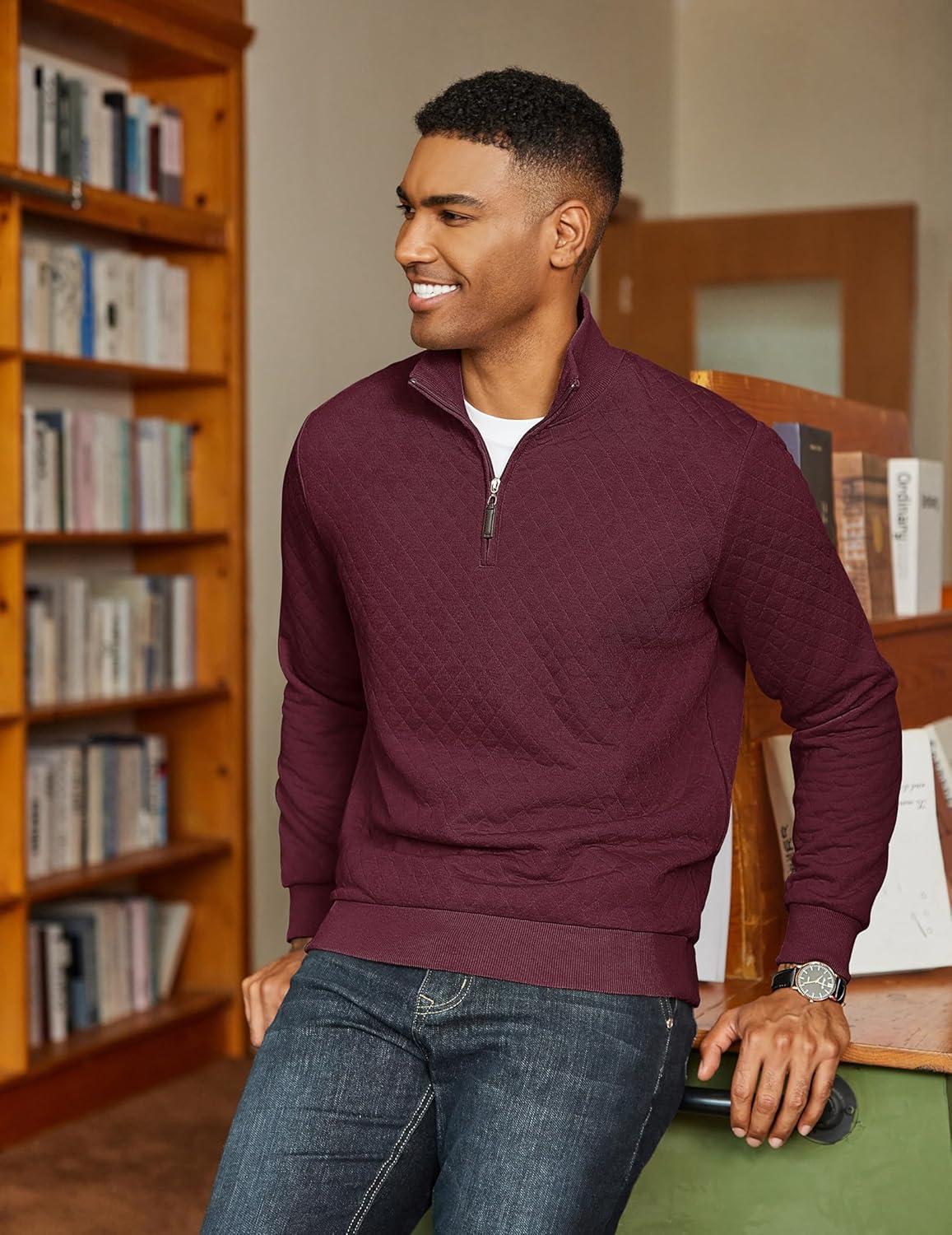 imageCOOFANDY Men Quarter Zip Pullover Long Sleeve Quilted Sweatshirt Waffle Casual Collared Sweatshirts Mock Neck Winter PoloDark Red