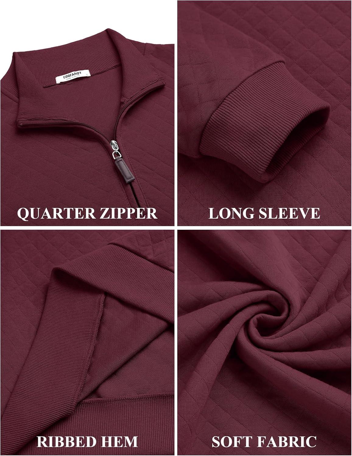 imageCOOFANDY Men Quarter Zip Pullover Long Sleeve Quilted Sweatshirt Waffle Casual Collared Sweatshirts Mock Neck Winter PoloDark Red
