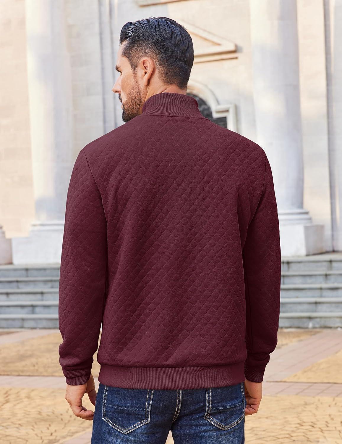 imageCOOFANDY Men Quarter Zip Pullover Long Sleeve Quilted Sweatshirt Waffle Casual Collared Sweatshirts Mock Neck Winter PoloDark Red