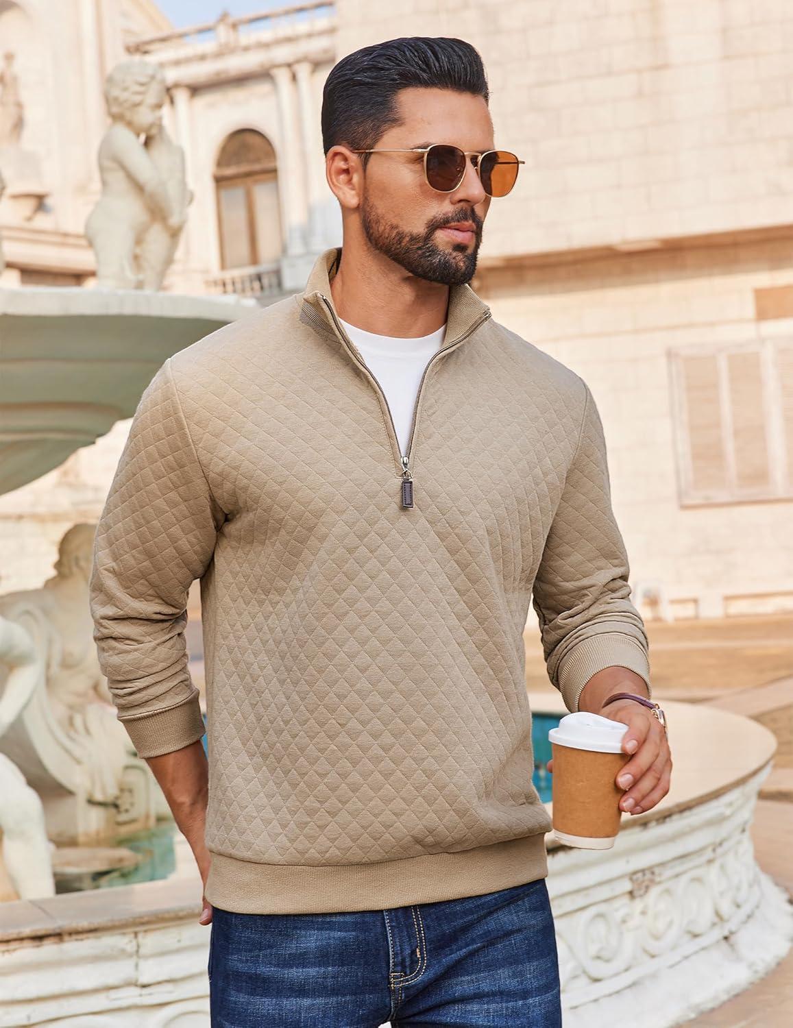 imageCOOFANDY Men Quarter Zip Pullover Long Sleeve Quilted Sweatshirt Waffle Casual Collared Sweatshirts Mock Neck Winter PoloKhaki
