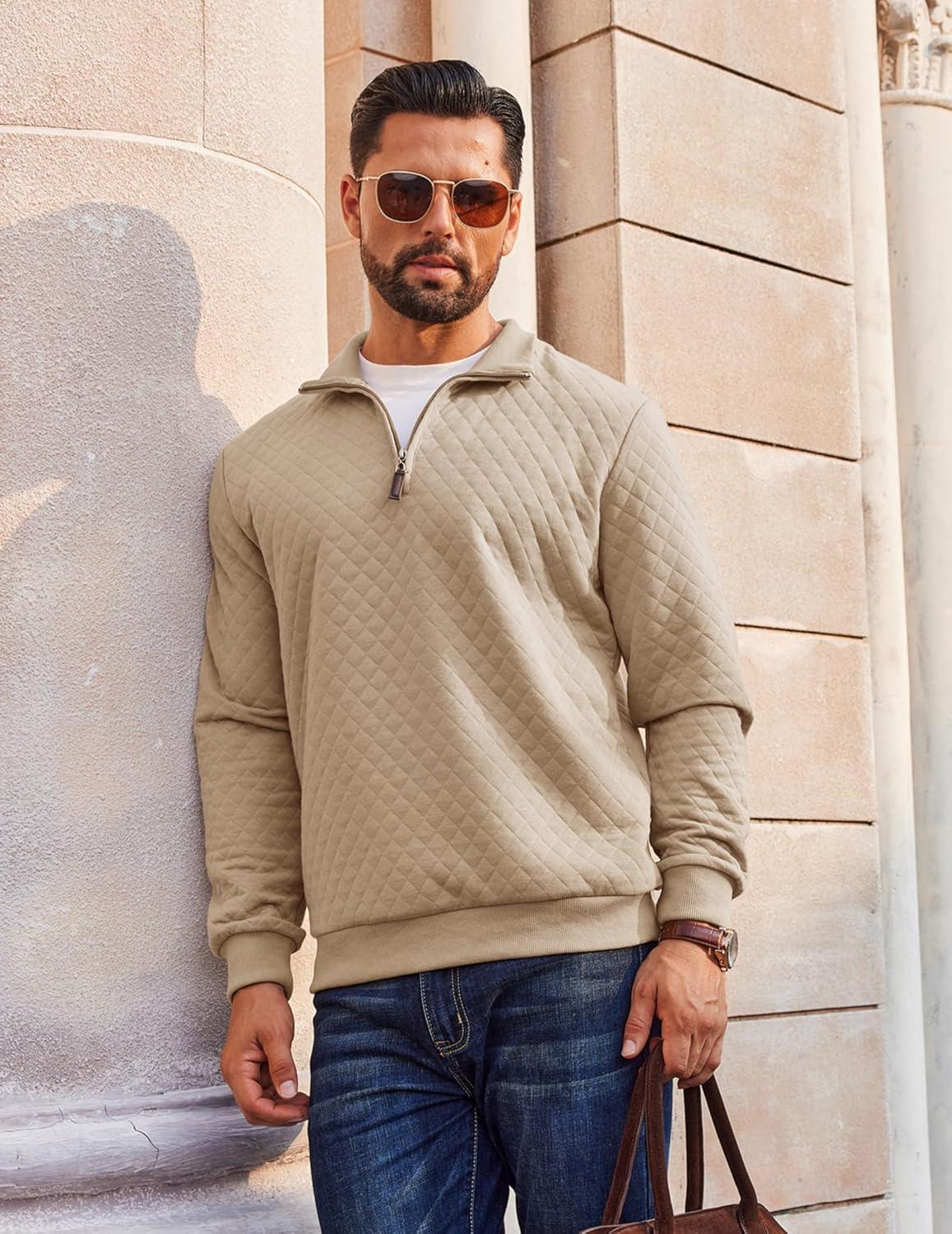 imageCOOFANDY Men Quarter Zip Pullover Long Sleeve Quilted Sweatshirt Waffle Casual Collared Sweatshirts Mock Neck Winter PoloKhaki