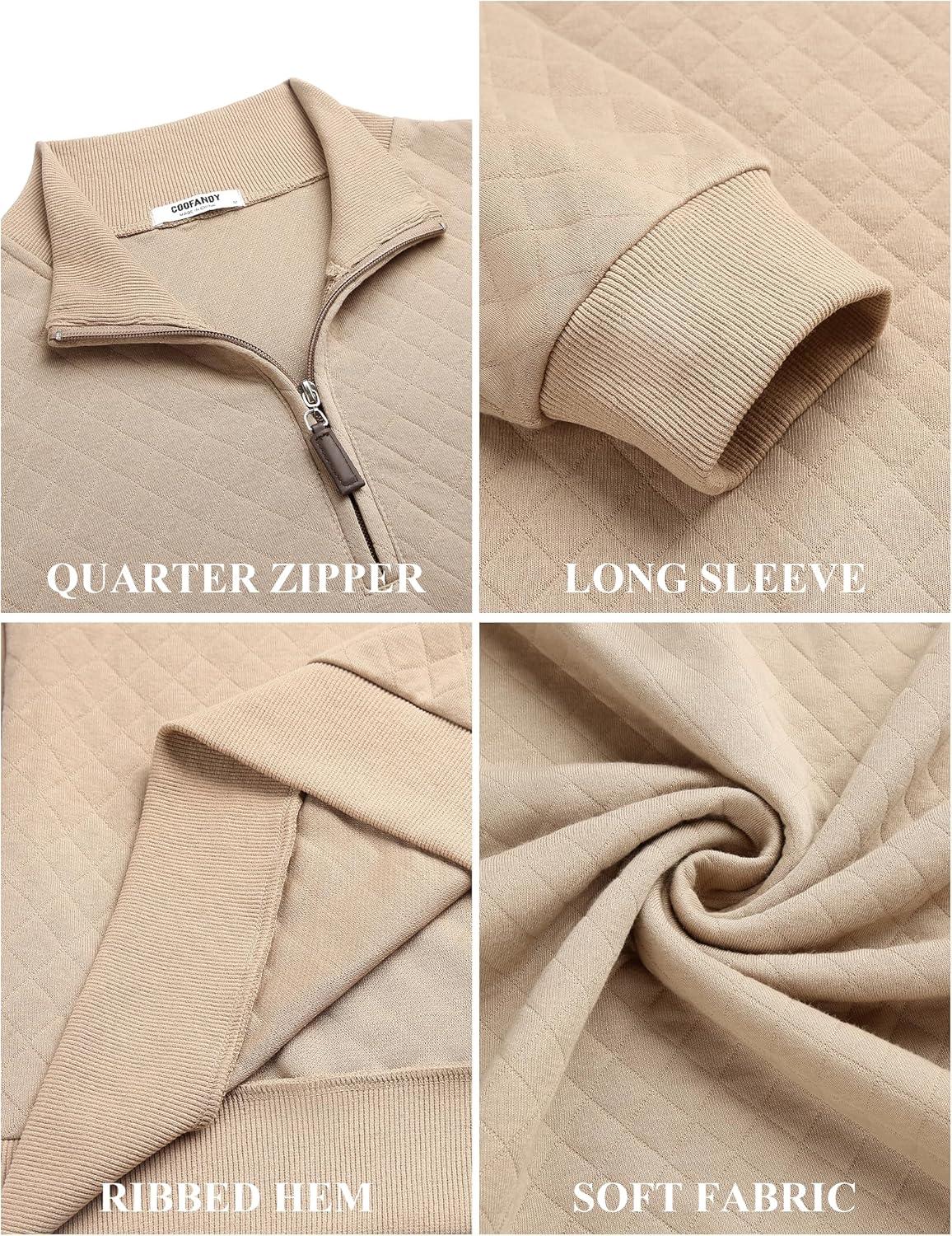 imageCOOFANDY Men Quarter Zip Pullover Long Sleeve Quilted Sweatshirt Waffle Casual Collared Sweatshirts Mock Neck Winter PoloKhaki