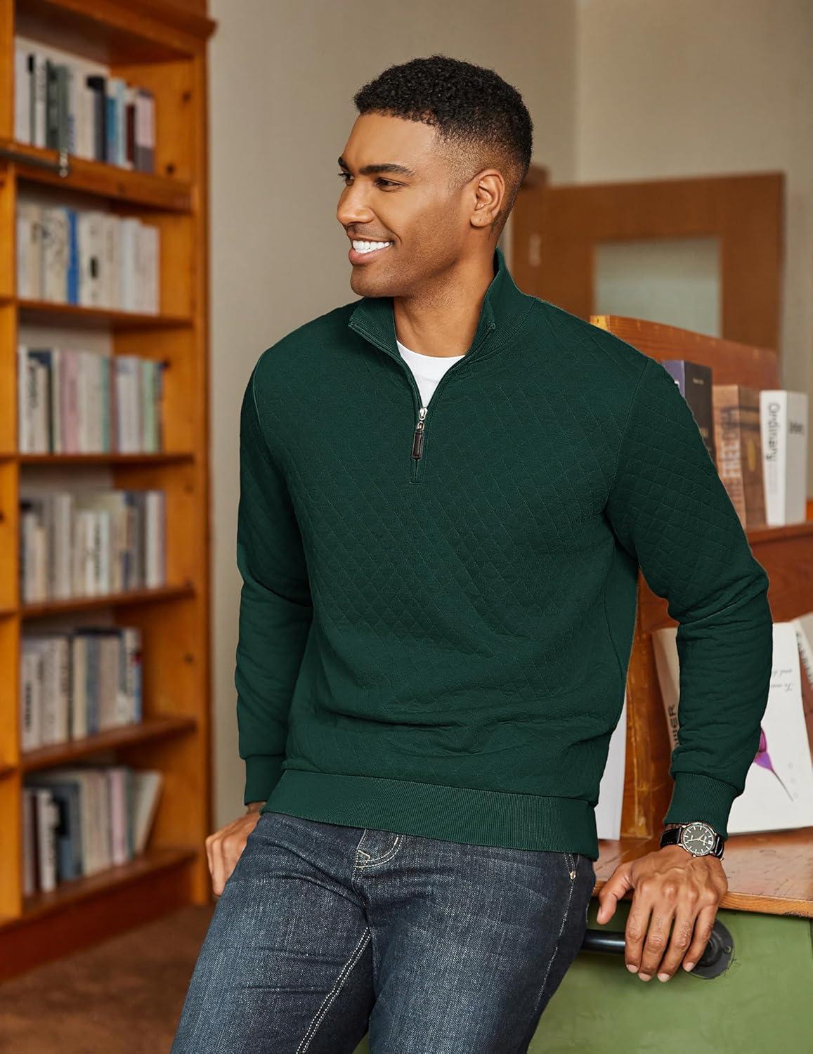 imageCOOFANDY Men Quarter Zip Pullover Long Sleeve Quilted Sweatshirt Waffle Casual Collared Sweatshirts Mock Neck Winter PoloLake Green