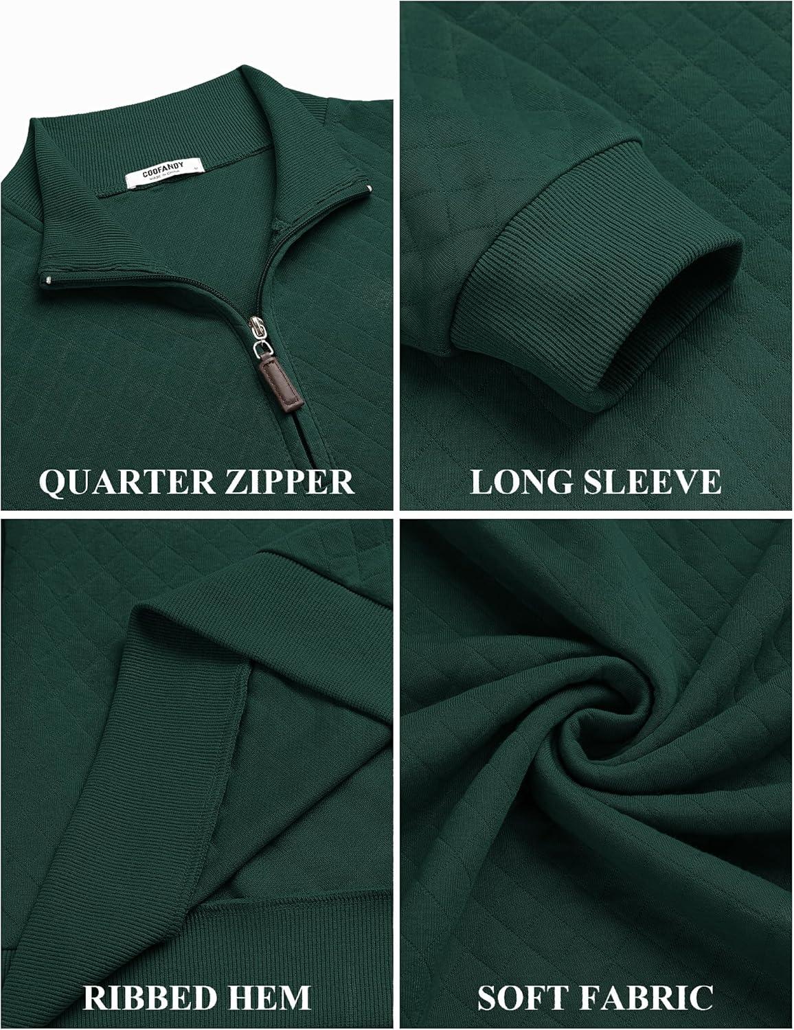 imageCOOFANDY Men Quarter Zip Pullover Long Sleeve Quilted Sweatshirt Waffle Casual Collared Sweatshirts Mock Neck Winter PoloLake Green