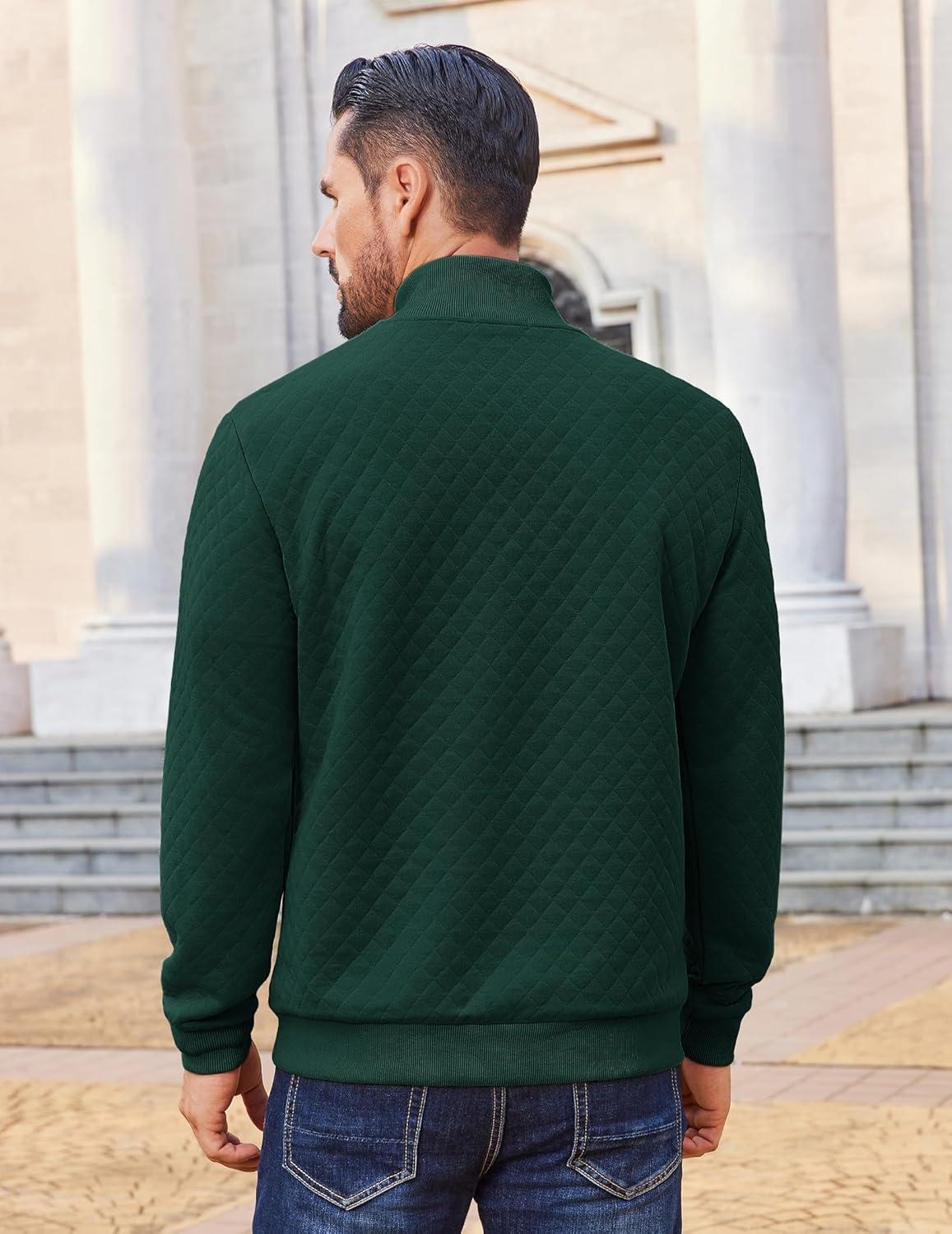 imageCOOFANDY Men Quarter Zip Pullover Long Sleeve Quilted Sweatshirt Waffle Casual Collared Sweatshirts Mock Neck Winter PoloLake Green